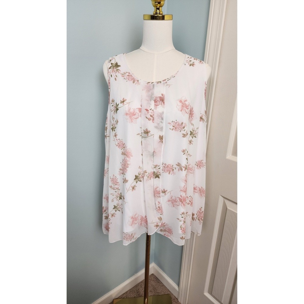 Womens XXL White Pink Floral Sleeveless Blouse - Picture 3 of 11